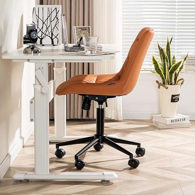Kidol & Shellder Faux Leather Office Chair, Adjustable Swivel Height Task Chair, Rolling Wheels & Soft Backrest - Armless Ergonomic Desk Chair for Home, Office,Vanity,Gaming(Orange)-DeskLoop Office