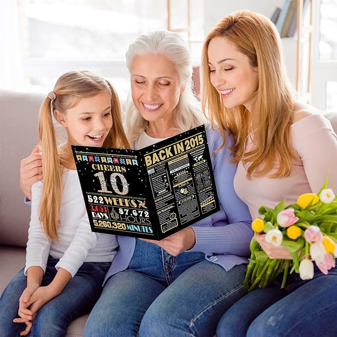 10th Birthday Card, 10th Birthday Decorations for Girl Boys, 10th Birthday Gifts for Daughter Son, Back in 2015 Birthday Card, Black Gold