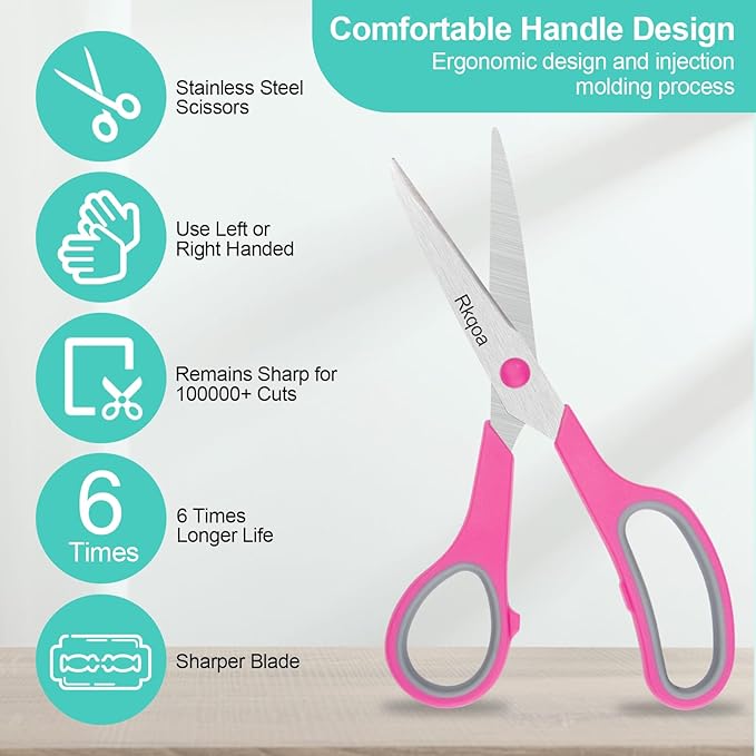 Red Scissors Bulk, Rkqoa 8" All Purpose Scissors Pack of 6- High Performance and Designed for Comfort and Cutting - Sharp to Cut but Soft to Hold. Perfect for Art, Crafts and the Office-DeskLoop Office