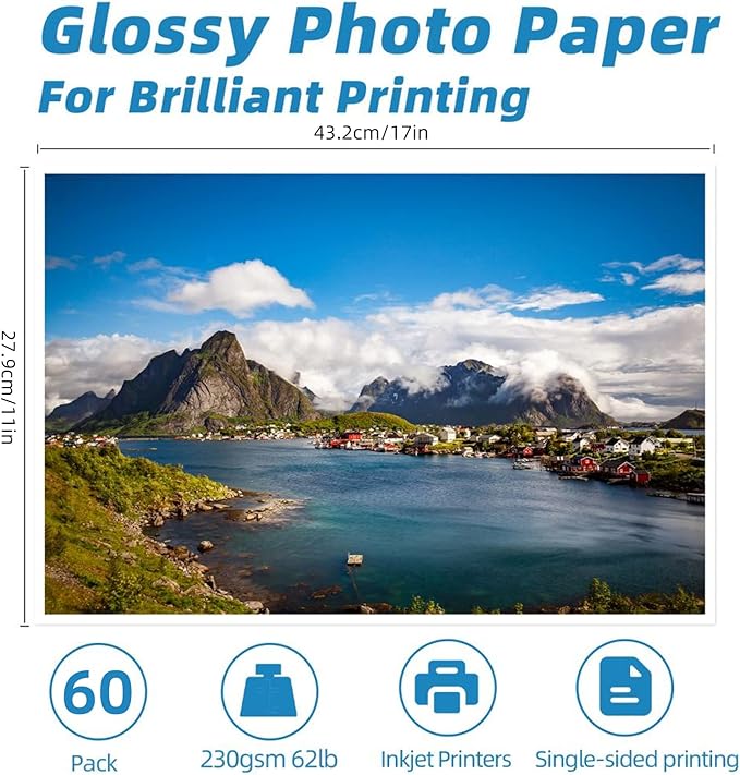 Uinkit 11 x 17 Thick Photo Paper Glossy 11x17 60Sheets 62lb Inkjet Heavyweight 230gsm Gallery show Brochure Pictures Funeral Bulletin Obituary Papers Obituaries Gloss Papers-DeskLoop Office