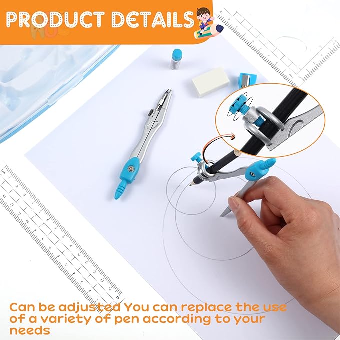Teling 12 Sets Math Geometry Kit for Students 10 Pcs Compass Geometry Tools Set Includes Rulers Protractor Compass Eraser Pencil Sharpener Lead Refills Pencil (Colorful)-DeskLoop Office