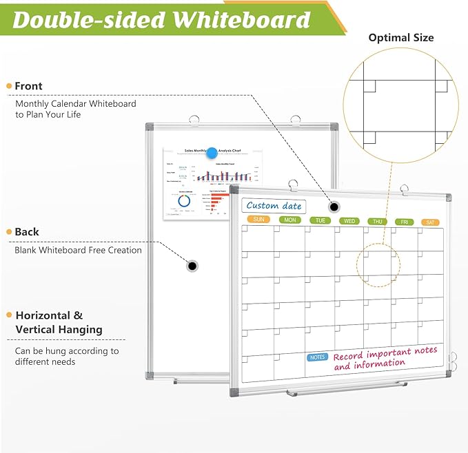 Monthly Calendar Dry Erase Whiteboard for Wall, 36" x 24" Magnetic Dry Erase Board, Hanging Double-Sided White Board, Portable Board for School, Planning, Memo, Home, Office, 2025 Calendar-DeskLoop Office