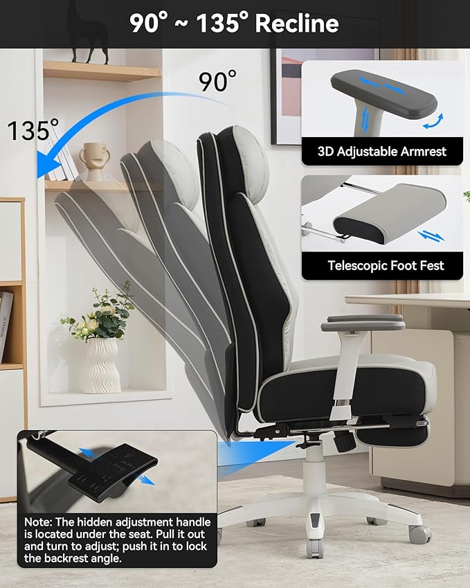 DJ·Wang Big and Tall Office Chair 400lbs with Foot Rest, High Back Executive Office Chair with Extra-Thick Spring Cushion, Ergonomic Leather Chairs Gray-DeskLoop Office