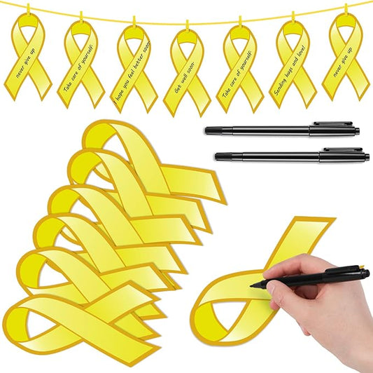 Kosiz 100 Pack Large Gold Ribbon Set 100 Childhood Cancer Ribbon Cutouts 2 Marker Pens 100 Wooden Clips with Rope Neuroblastoma Cancer Awareness Items for Public Charity Party Supplies-DeskLoop Office