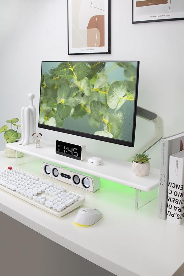 Bamboo Monitor Stand Riser with Acrylic Legs for Desk,31.5 Inches Desktop Shelf Supports for PC Computer Monitor, Laptops, Printer, Speakers (White)-DeskLoop Office