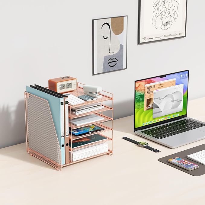 Gianotter Desk Organizer for Women, 6-Tier Paper Organizer with Magazine Rack, Office Desk Decor, Office Supplies (Rose Gold)-DeskLoop Office