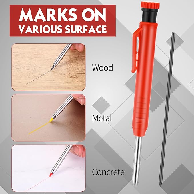 8 pack 2.8mm Mechanical Carpenter Pencils with 48 Refills, Construction Pencils with Built-in Sharpener, Long Nib Deep Hole Marker, Heavy Duty Woodworking Tools (Black+red)-DeskLoop Office