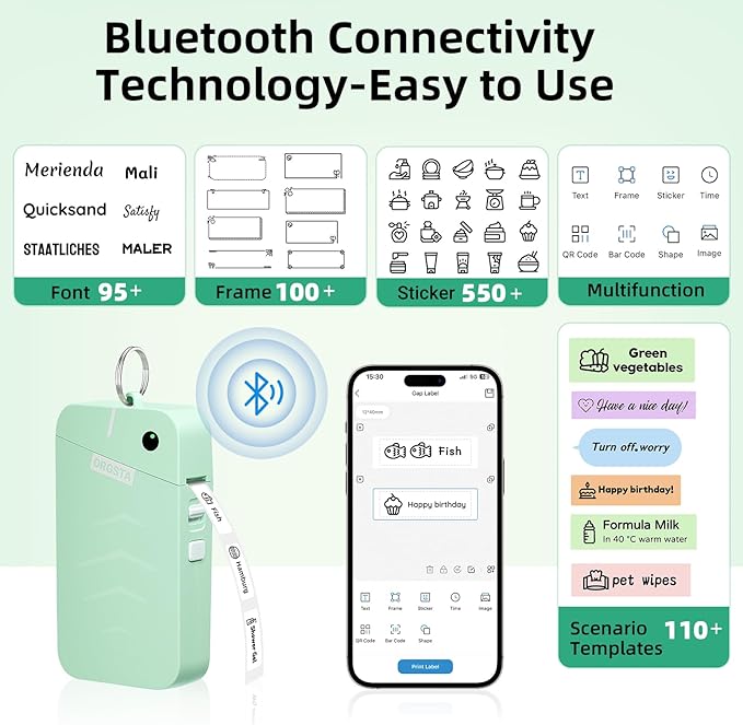ORGSTA S001 Label Maker Machine with Tape, Portable Bluetooth Label Maker for Home and Office Organization, Thermal Label Printer Mini Label Maker with Multiple Templates, Green-DeskLoop Office