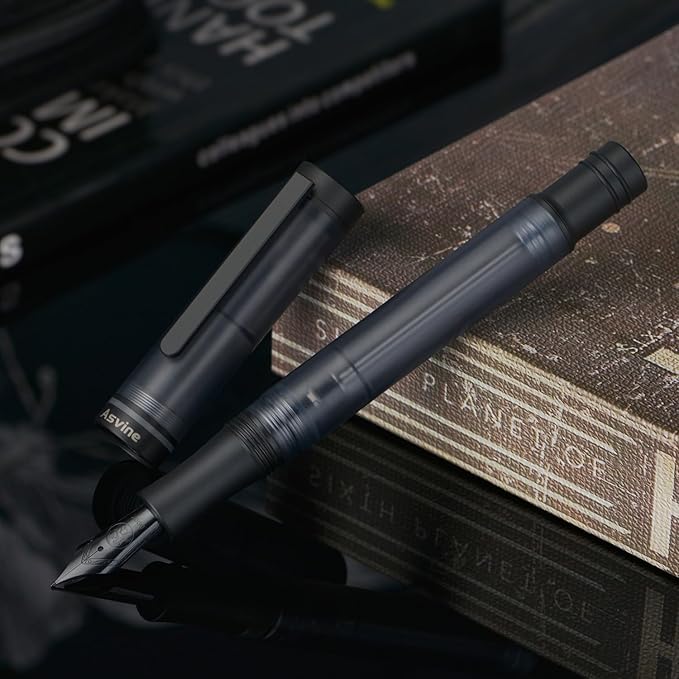 Asvine V200 Titanium Fountain Pen Vacuum Filling, Matte Black Bock Extra Fine Nib Clear Demonstrator Acrylic with Pen Case and Wrench-DeskLoop Office