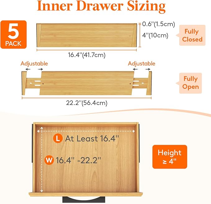 Lifewit 16-22" L x 4" H Drawer Dividers Bamboo 5 Pack, Adjustable Drawer Organizers for Clothes, Expandable Dresser Separators in Bedroom/Bathroom/Kitchen/Fridge/Office Organization and Storage-DeskLoop Office