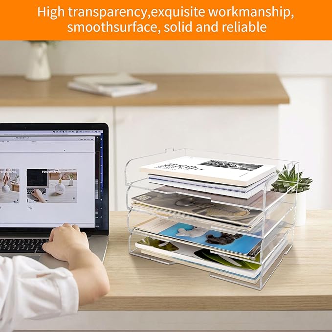 4 Pack- Stackable Paper Letter Tray,Clear Acrylic Magazine Holder and File Organizer - Sleek Desk Organizer for Home Office, Bookshelf, or Workspace - Space-Saving Transparent Document Holder-DeskLoop Office