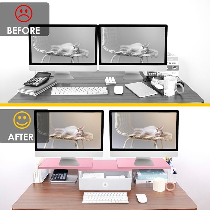 Dual Monitor Stand Riser With Drawer & Metal Leg, Large Desk Shelf For 2 Monitors w/ Adjustable Length & Angle, Desktop Organizer For Laptop/TV/Printer-DeskLoop Office