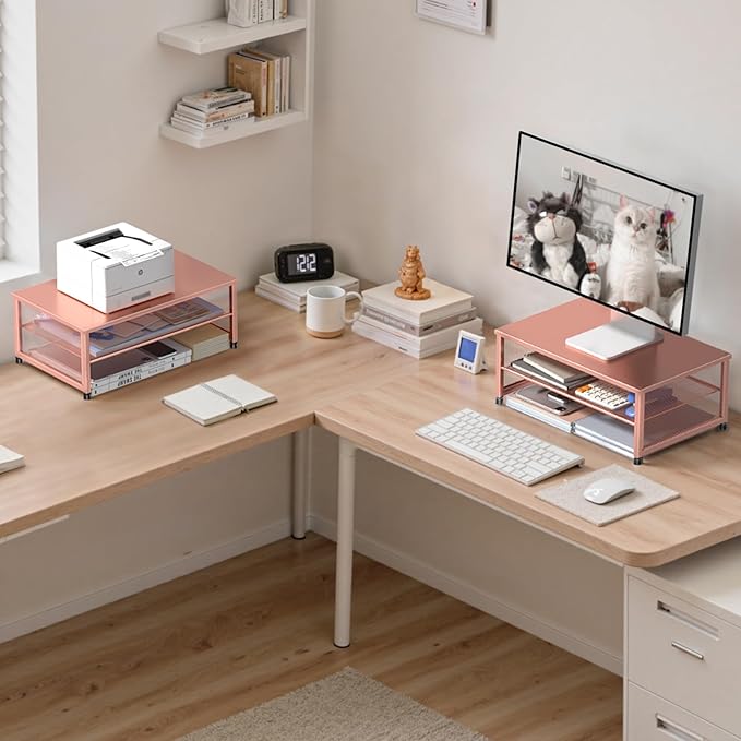 Computer Monitor Stand Riser, Desk Organizers and Accessories, Printer & Laptop Stand, Office Desk Accessories & Desktop Workspace Organizers for Office Supplies (Rose Gold)-DeskLoop Office