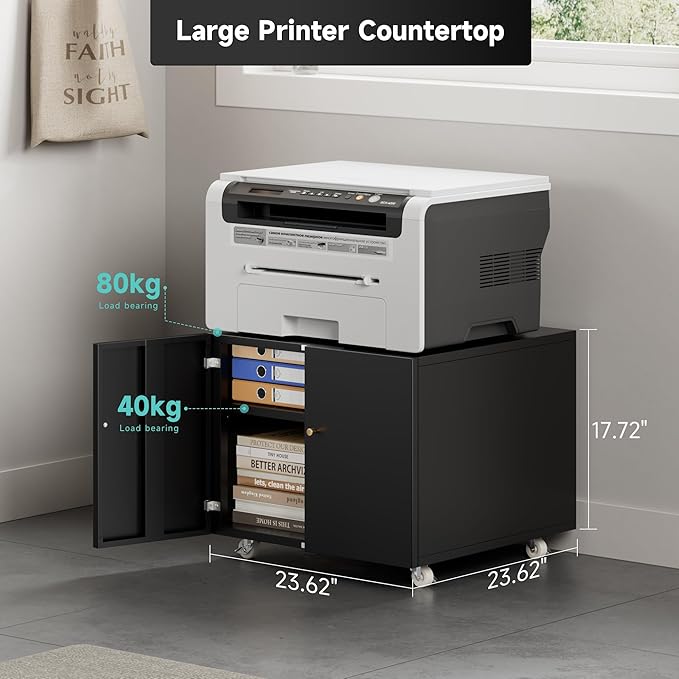 Warmiehomy Metal Printer Stand with Storage Mobile Printer Tables for Small Spaces with Door Adjustable Shelf Black File Cabinet on Wheels for Home Office-DeskLoop Office