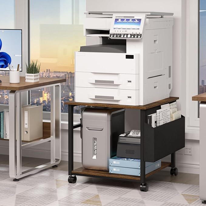 Lerliuo Large Printer Stand with Storage Shelf, 23.6 x 23.6 x 22.8 Industrial Printer Table for Home Office, Rolling Printer Cart Holder with Lockable Wheels, Mobile Mini Fridge Stand Table (Brown)-DeskLoop Office