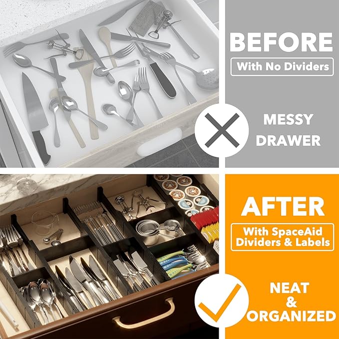 SpaceAid Bamboo Drawer Dividers with Inserts and Labels, Kitchen Adjustable Drawer Organizers, Expandable Organization for Home, Office, Dressers, 7 Dividers with 15 Inserts (17"-22" Black)-DeskLoop Office