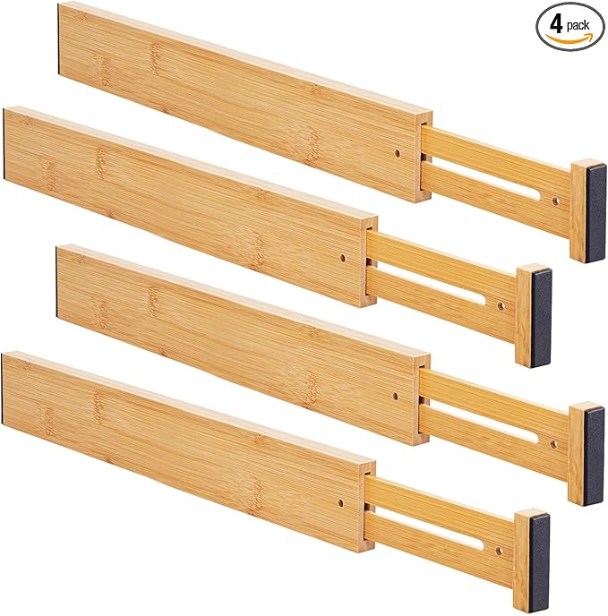 Bamboo Drawer Organizers 4 Pack, 17-22" Adjustable Spring Loaded Dividers for Kitchen Utensils, Silverware, Clothes, Dresser, Bathroom and Office Storage-DeskLoop Office