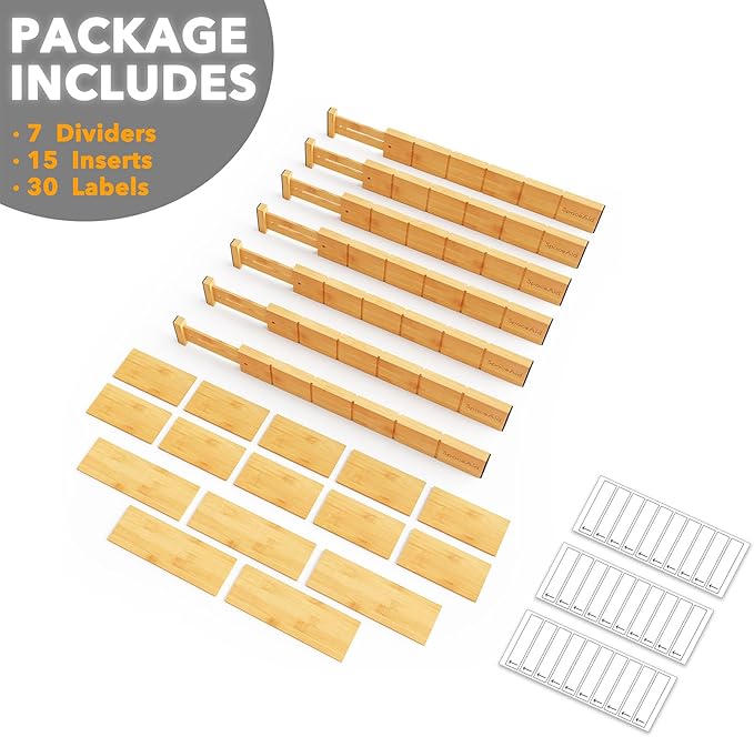 SpaceAid Bamboo Drawer Dividers with Inserts and Labels, Kitchen Adjustable Drawer Organizers, Expandable Organization for Home, Office, Dressers, 7 Dividers with 15 Inserts (17"-22" Natural)-DeskLoop Office