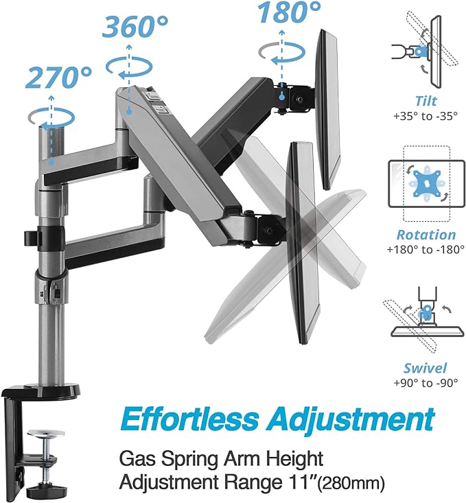 AVLT Dual 13"-27" Stacked Monitor Arm Desk Mount - Fits Two Flat/Curved Monitors, Full Motion Height Swivel Tilt Rotation Adjustable - VESA/C-Clamp/Grommet/Cable Management-DeskLoop Office