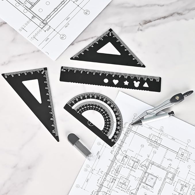 6 Pcs Metal Geometry Set, Math Geometry Kit, Metal Ruler Set and Compass Geometry Tool, Rulers Protractor and Compass Set for Student School and Drawings Supplies (Black)-DeskLoop Office