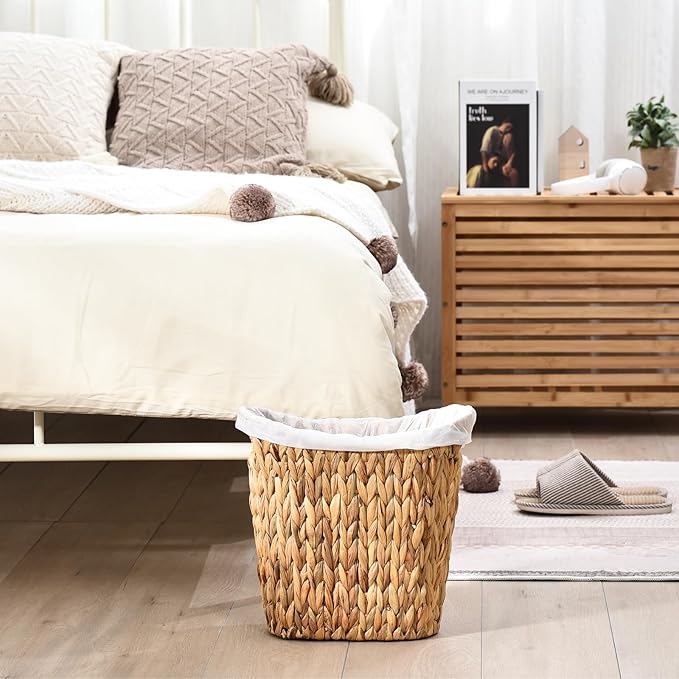 FairyHaus Wicker Trash Can with Handles, Natural Water Hyacinth Wicker Waste Basket, Handwoven Wicker Trash Basket for Bathroom Bedrooms, 13" L x 7.5" W x 12.2" H-DeskLoop Office