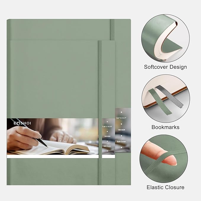 EMSHOI A4 College Ruled Notebook Journal- 400 Pages (200 sheets), 7mm Spacing & Vegan Leather Cover for Work, School, Bible Study, Bullet Journaling- with Sticky Notes, Pocket & Pen Holder - Green-DeskLoop Office