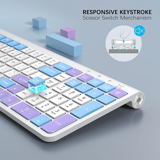 Colorful Wireless Keyboard with Low-Profile Keys-Soft Touch,Cute,Quiet Design,Windows & Mac OS,Office Cordless Slient Computer Keyboard for Desktop,Laptop, PC, Mac, Windows-Purple Blue White