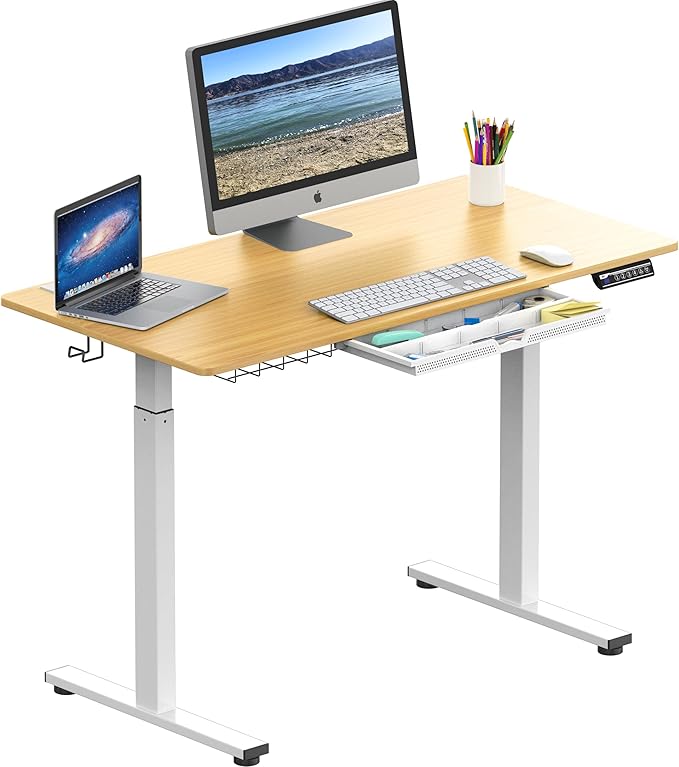 SHW 48-Inch Electric Height Adjustable Standing Desk with Drawer, Memory Preset and Cable Management Tray, Oak-DeskLoop Office
