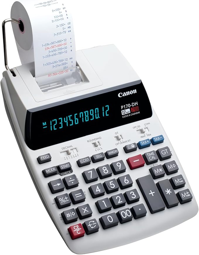 Canon Office Products 2204C001 Canon P170-DH-3 Desktop Printing Calculator with Currency Conversion, Clock & Calendar, and Time Calculation, Black/White/Silver, 14.60 Inch x 9.60 Inch x 3.00 Inch-DeskLoop Office
