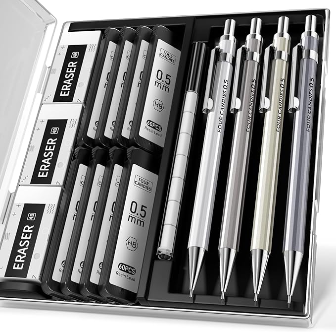 Four Candies 0.5mm Mechanical Pencil Set with Case - 4PCS Metal Mechanical Pencils, 8 Tubes HB #2 Lead Refills, 3PCS 4B Erasers and 9PCS Eraser Refills, Lead Mechanical Pencils for Writing & Drawing-DeskLoop Office
