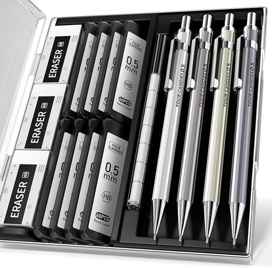 Four Candies 0.5mm Mechanical Pencil Set with Case - 4PCS Metal Mechanical Pencils, 8 Tubes HB #2 Lead Refills, 3PCS 4B Erasers and 9PCS Eraser Refills, Lead Mechanical Pencils for Writing & Drawing-DeskLoop Office