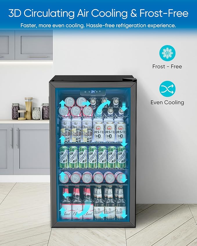 3.2 Cu.Ft Mini Fridge with Glass Door - 126 Can Beverage Refrigerator Cooler for Drink Beer Wine Soda, Small Fridge for Bedroom Office Bar Dorm, 4 Adjustable Shelves, Black-DeskLoop Office