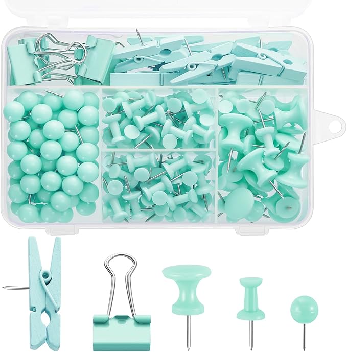 BESARME 200 Pieces Push Pins Set, 5 Types Green Thumb Tacks Cute Decorative Push Pins for Wall Cork Board Bulletin Boards with Storage Box-DeskLoop Office