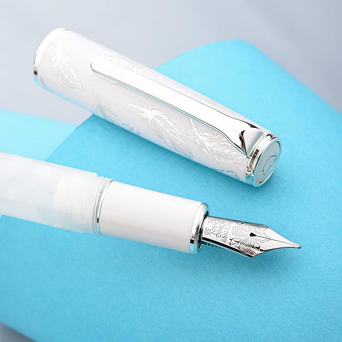 Hongdian N8 White Acrylic Resin Fountain Pen, Iridium Fine Nib Silver Plated Feather Carving Cap Smooth Writing Pen with Converter and Metal Pen Box Set-DeskLoop Office