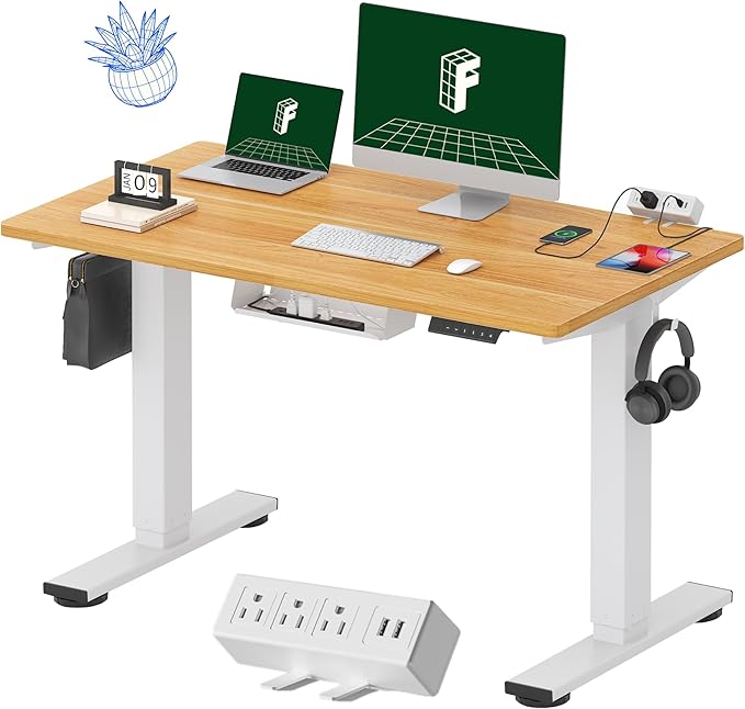 FLEXISPOT EN2 Whole-Piece Standing Desk with Clamp Power Strip, 48 x 24 Electric Stand Up Height Adjustable Desk with Cable Management (White Frame + 48" Maple Top)-DeskLoop Office