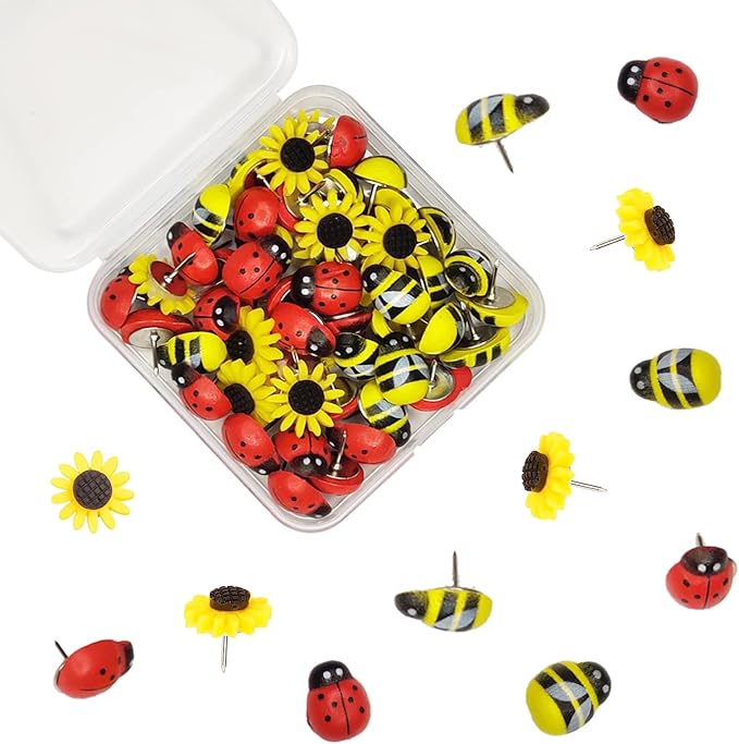50 Pcs Animal Push Pins, DANUDON Bee Pushpins Sunflower Thumbtacks Decorative Bumble Bee Shaped Floret Thumb Tacks Decorations for Photo Wall Memo Cork Board Bulletin Board Map with Box-DeskLoop Office