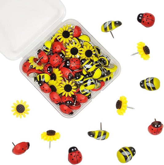 50 Pcs Animal Push Pins, DANUDON Bee Pushpins Sunflower Thumbtacks Decorative Bumble Bee Shaped Floret Thumb Tacks Decorations for Photo Wall Memo Cork Board Bulletin Board Map with Box-DeskLoop Office