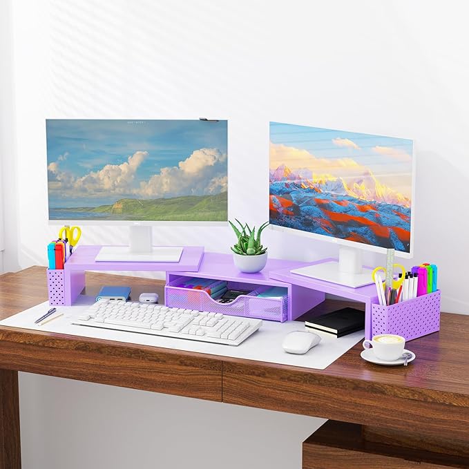 Spacrea Metal Desk Organizers and Accessories, Dual Monitor Stand Riser with Drawer and 2 Pen Holders, Desk Accessories & Workspace Desktop Organizers for Office Supplies (Purple)-DeskLoop Office