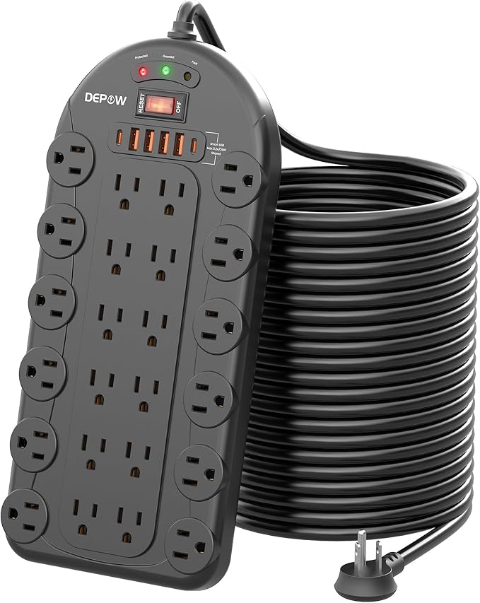 20 Ft Power Strip Surge Protector (3,400 Joules), DEPOW 24 AC Multiple Outlets (1875W/15A) with 6 USBs (2 USB-C Ports), ETL Listed, Flat Plug Heavy Duty Long Extension Cord for Home, Office, Black-DeskLoop Office