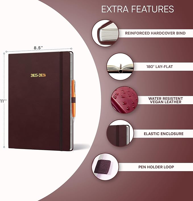 Ensight 2025-2026 HARDCOVER Leather Planner Weekly & Monthly - 8.5x11 Inches - Academic Planner Business Personal or Student - Pen Holder, Thick Paper, July 2025 - June 2026 (Red)-DeskLoop Office