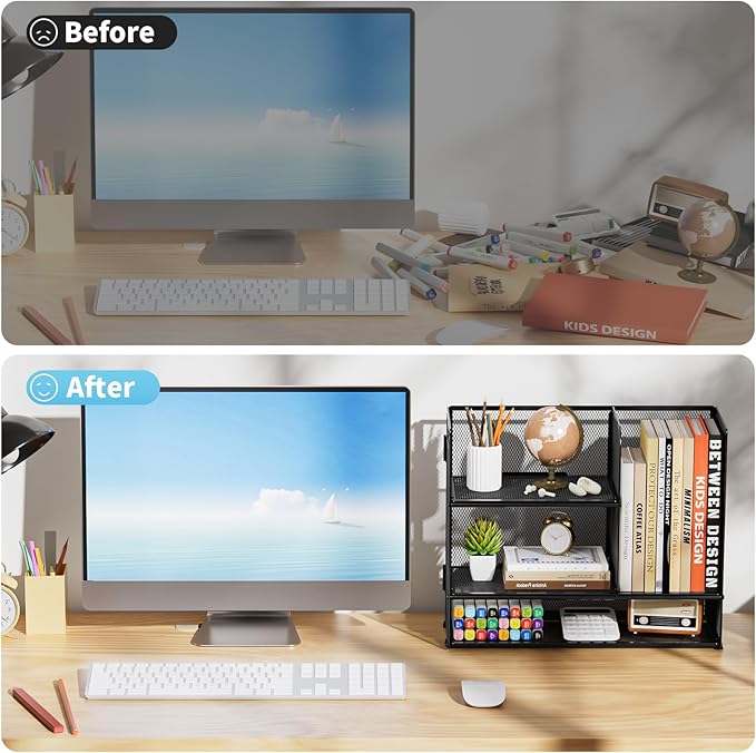 Marbrasse 2-Tier Desk Shelf Organizer with Handle, Desktop Bookshelf File Holder, Mesh Display Shelf Organizer Storage Rack for Office, Home, Supplies, Kitchen (Black)-DeskLoop Office