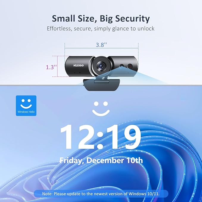NexiGo HelloCam Pro, Webcam with Windows Hello, 1080P 60FPS Autofocus, True Privacy, Automatic Electronic Shutter, Computer Camera, Microphone, Facial Enhancement, HD USB Web Cam-DeskLoop Office