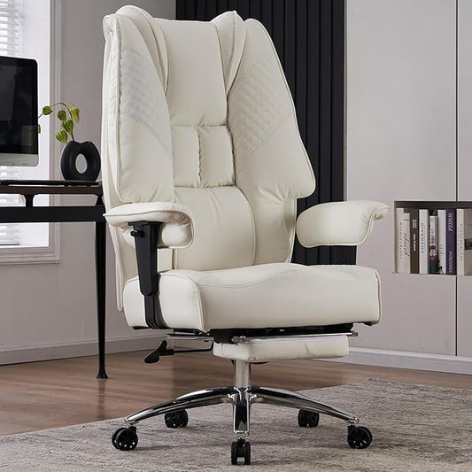 Big and Tall Office Chair 400lbs Wide Seat, Leather High Back Executive Office Chairs with Foot Rest, Ergonomic Lumbar Support for Lower Back Pain Relief (White)-DeskLoop Office