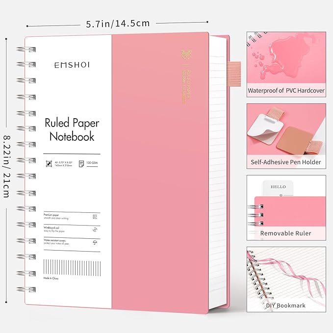 EMSHOI A5 Spiral Notebook College Ruled Lined Journal, Small 5.7" X 8.22", 300 Pages/150 Sheets, 100gsm Thick Paper, Waterproof Hardcover, for Office School Women Men Work Writing Notes-Pink-DeskLoop Office