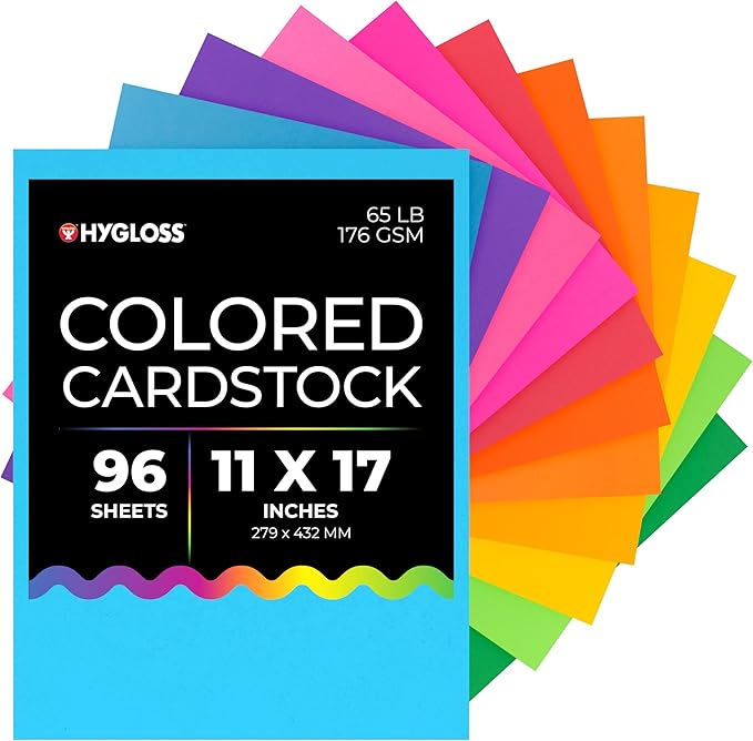 Hygloss Products Bright Colored Cardstock - 96 Sheets - 11x17 Card Stock Paper- 10-12 Bright Colors-DeskLoop Office