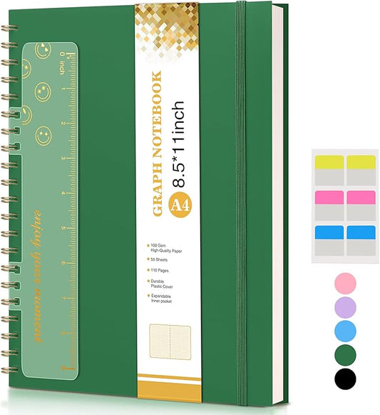 Graph Paper Notebook, Spiral Notebook Journal 8.5” x 11”, A4 Large Grid Notebooks for Women Men, 100 GSM Graph Paper, Plastic Hardcover Spiral Graphing Journals for Work School Engineerin, Green-DeskLoop Office