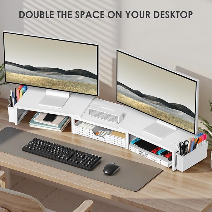 White Dual Monitor Stand Riser, Metal Desk Organizers and Accessories with Drawer and 2 Pen Holders, Computer Monitor Stand for Desk-DeskLoop Office