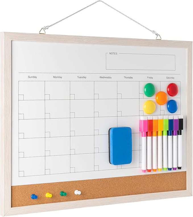 Dry Erase Calendar Whiteboard, 17" x 13" Magnetic Whiteboard Cork Board Combo, Reusable Monthly Planner with 8 Markers, Eraser, Magnets and Pushpins, Hanging Dry Erase Board for Home, School - White-DeskLoop Office