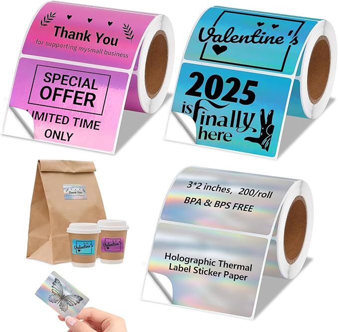 3x2'' Holographic Thermal Labels,3 Rolls Square Label Sticker for Phomemo 241BT for MUNBYN 130B/RW402B Printer,600Pcs Waterproof Label Paper for Address/Logo/Barcode/Price/Thanks-DeskLoop Office