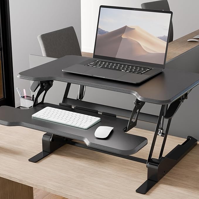 Mount-It! Height Adjustable Standing Desk Converter, Compact 30” Wide Tabletop Standing Desk Riser with Gas Spring, Desktop Stand Up Workstation with Keyboard Tray Fits Monitor or Laptop, Black-DeskLoop Office